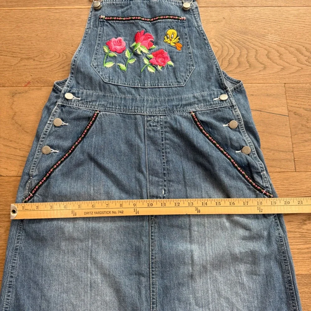 Warner Bros Studio Tweety Bird Rose Embroidered Denim Overall Maxi Dress XS NWT - Picture 8 of 10